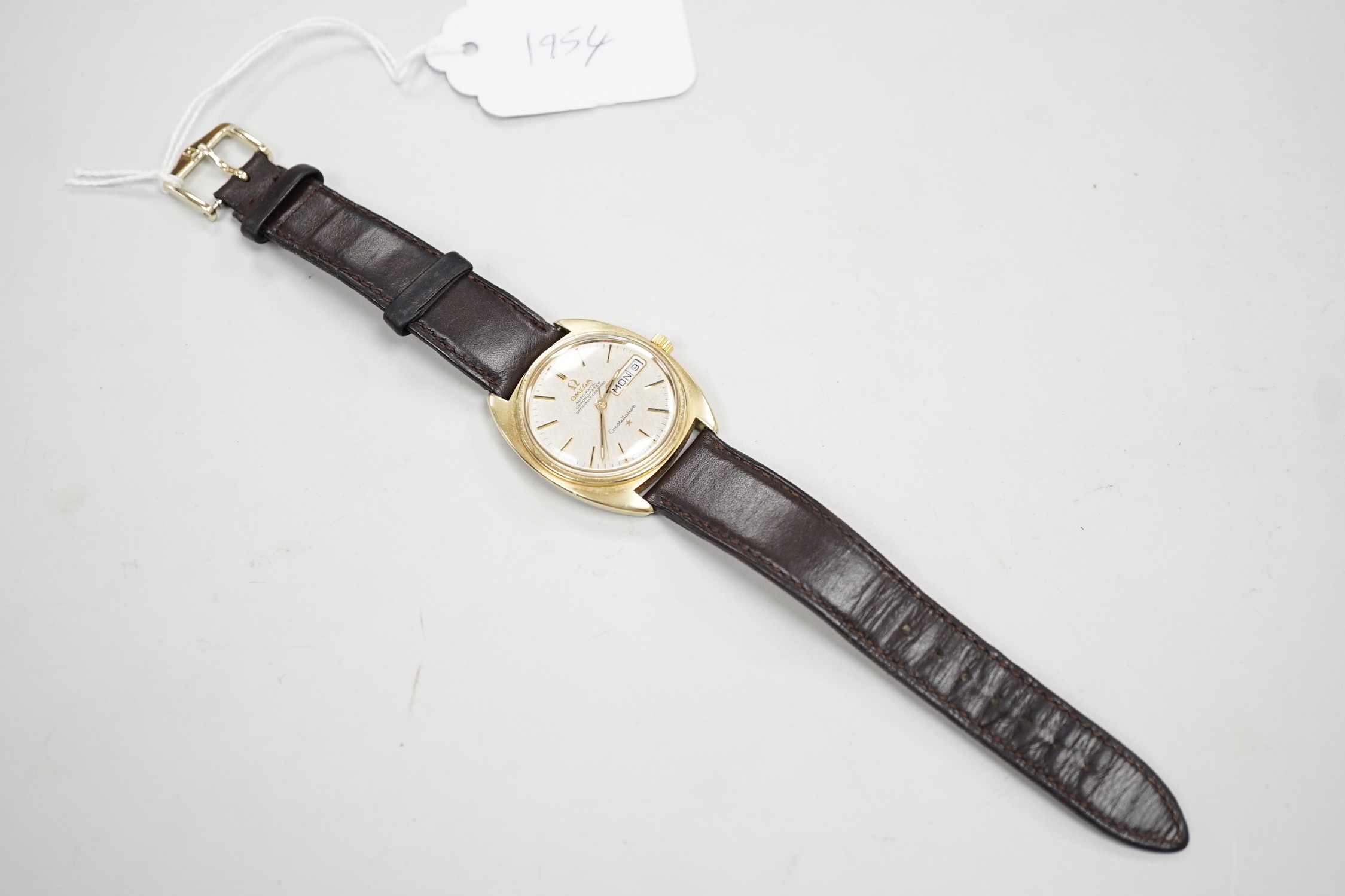 A gentleman's 1960's? steel and gold plated Omega Constellation Automatic wrist watch, on associated leather strap, case diameter 34mm, no box or papers.